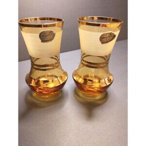 Bohemia Glass 3 oz Cordial Glasses Set of 2 Amber Gold White Striped MCM